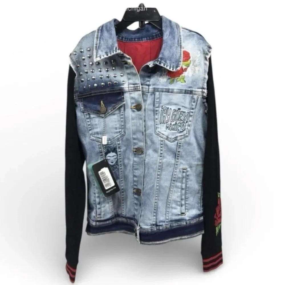 ¡Ay Güey! MX XS Denim Jacket Frida Kahlo Rose Studded Stretch Jean Jacket. XS - Picture 4 of 8